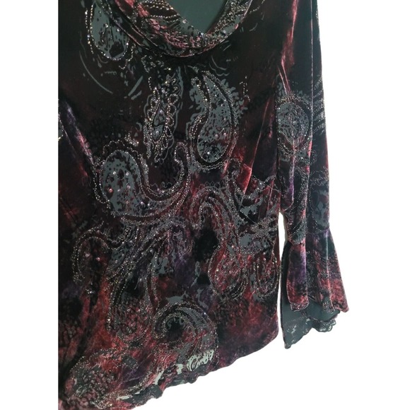 Carmen Marc Valvo Size 2x Bell Sleeve Cowl Neck Paisley Velvet Top Blouse Gothic - Picture 4 of 12